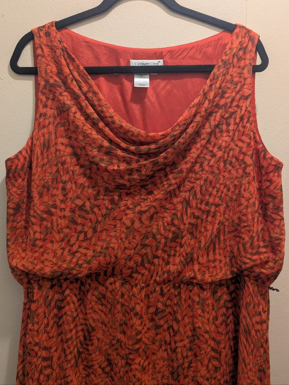 Coldwater Creek Cowl Neck Sleeveless Silk Dress Burnt Orange Leaf Pattern - 16 - Picture 3 of 12